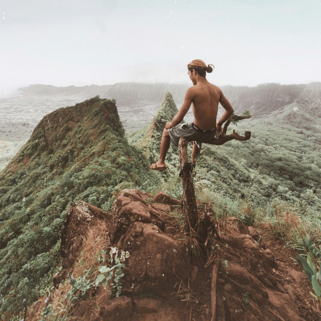 Man perched on a tree branch overlooking a vast mountain landscape, symbolizing the courage to explore unconventional paths in marketing and strategy, embracing failure as a catalyst for innovation, growth, and entrepreneurial thinking.